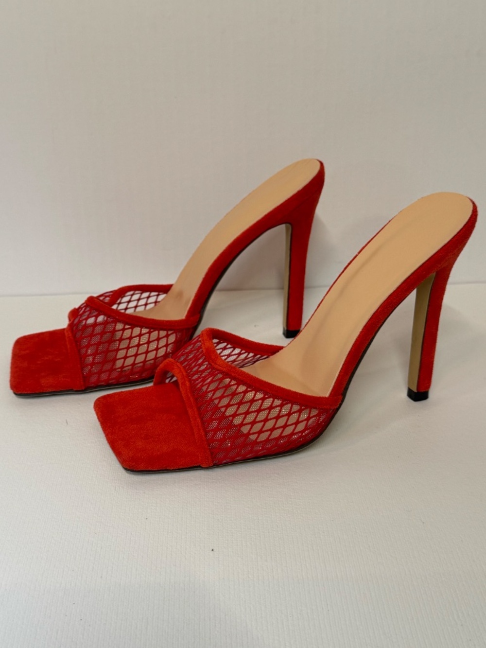 Red Mesh Mule Heels 7.5/8 Open Toe Stiletto Slide Sandals Statement Heels EU38 - Picture 4 of 11